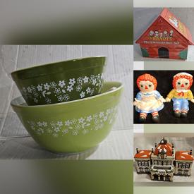 MaxSold Auction: This online auction includes Dept 56 miniatures, tools, hardware, shoes, accessories, clothing, Harmony Kingdom figures, Kevin Francis face pots, electronics, Beato case, glass chess set, mannequin head, vintage Pyrex, coins and much more!